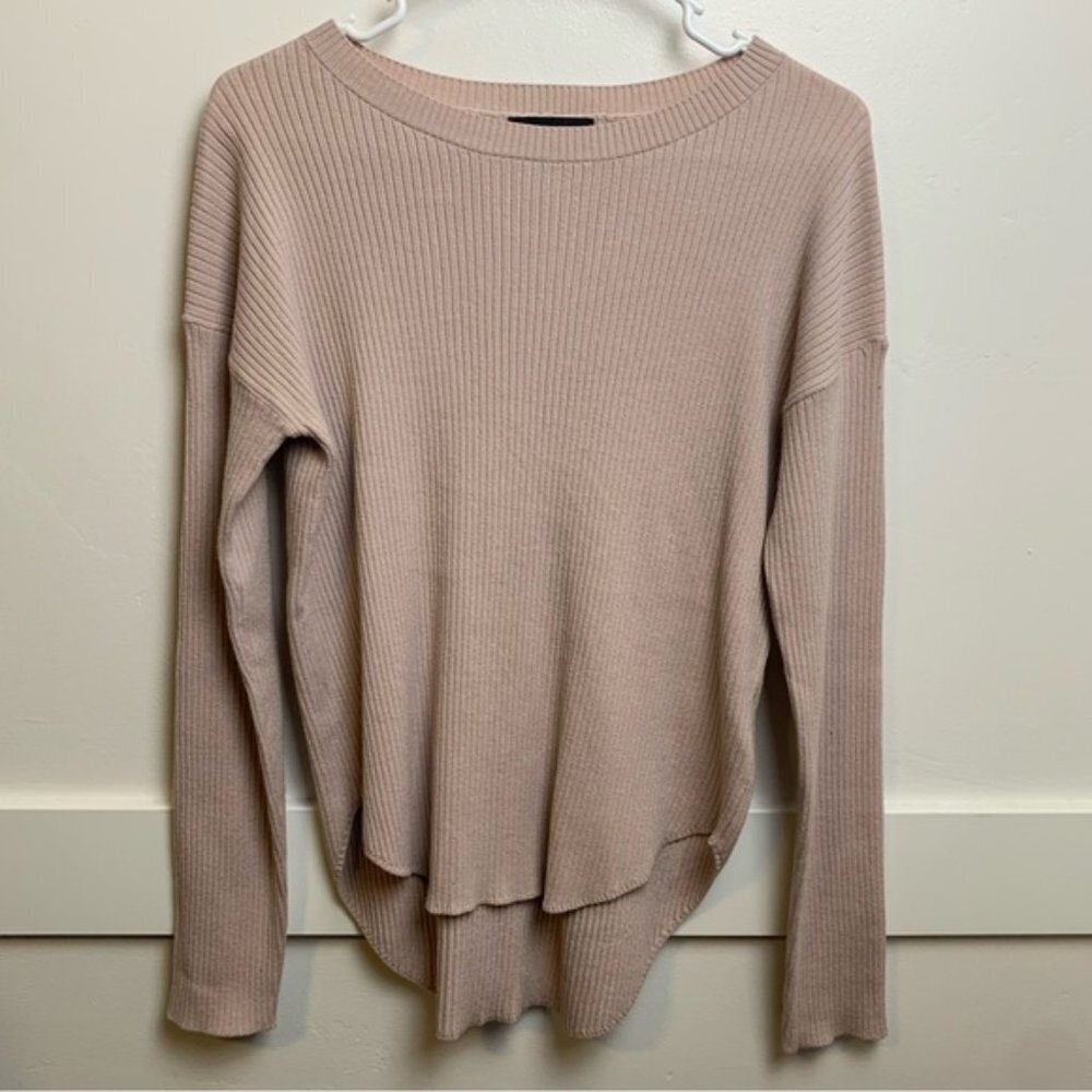 Express Pink Tan Ribbed Crew Neck Round Hem Long Sleeve Sweater